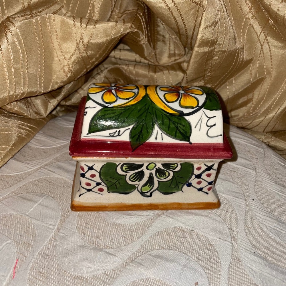 Hand Painted Talavera Trinket Box & Lid Floral‎ Lead Free Tal Rios Mexico
